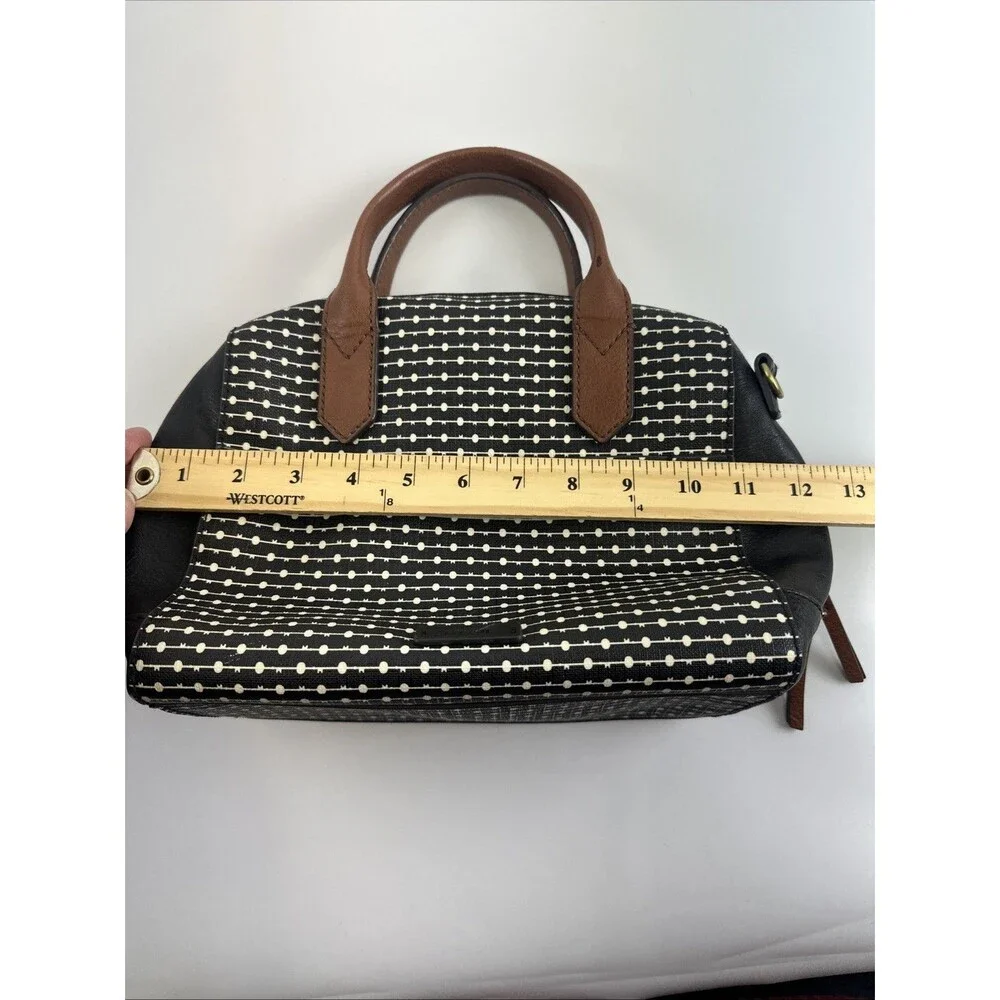 Fossil Fiona Satchel Black White Key Logo Faux Leather Crossbody Double Handle
